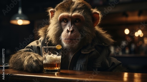 An anthropomorphized monkey in a coat sits at a bar with a whiskey glass, providing a quirky, surreal vibe