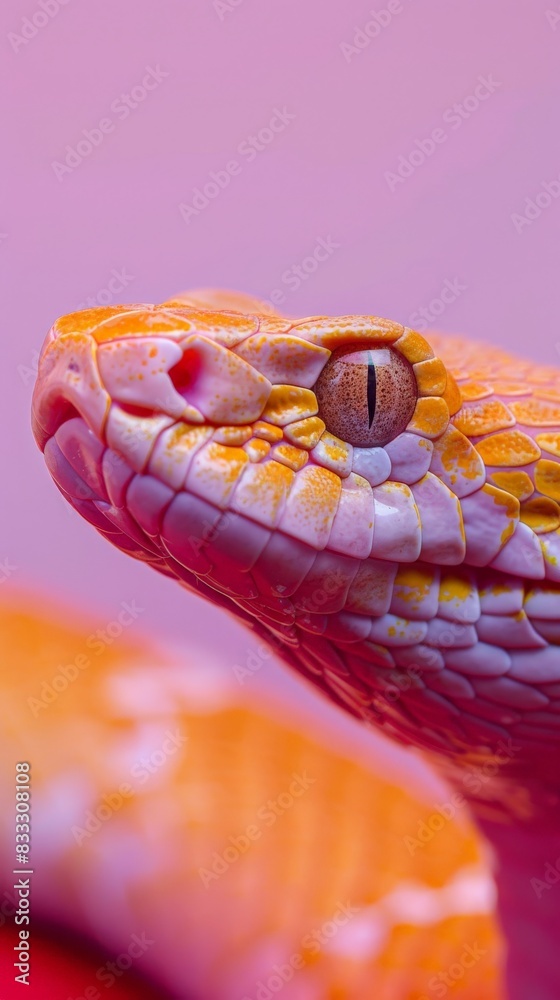 A snakes close-up view on a vibrant pink background A snakes close-up view on a vibrant pink background