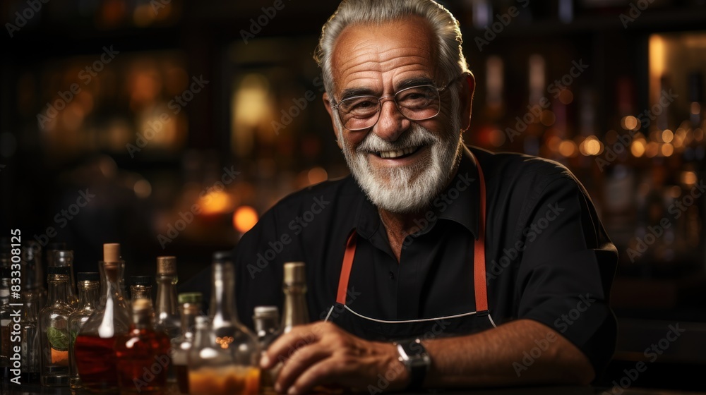 An experienced bartender with a friendly smile working behind a bar counter surrounded by bottles An experienced bartender with a friendly smile working behind a bar counter surrounded by bottles