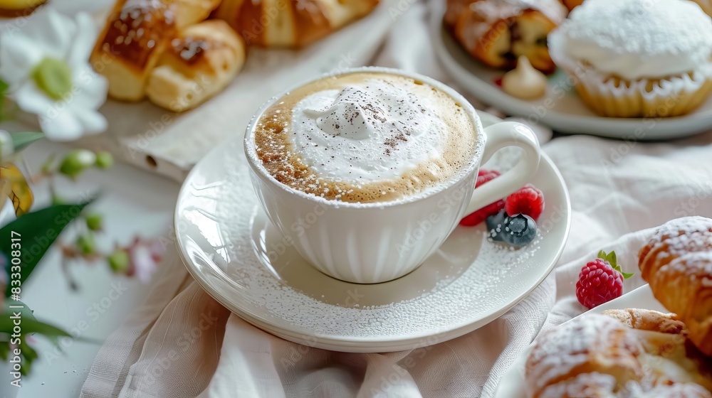 Cozy morning scene with a delicious cup of cappuccino topped with frothy milk, surrounded by pastries and fresh berries. Cozy morning scene with a delicious cup of cappuccino topped with frothy milk, surrounded by pastries and fresh berries.