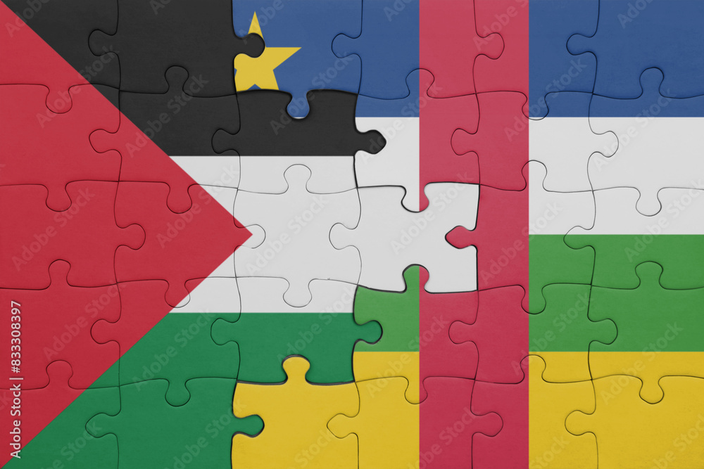 puzzle with the colourful national flag of central african republic and flag of palestine. puzzle with the colourful national flag of central african republic and flag of palestine.