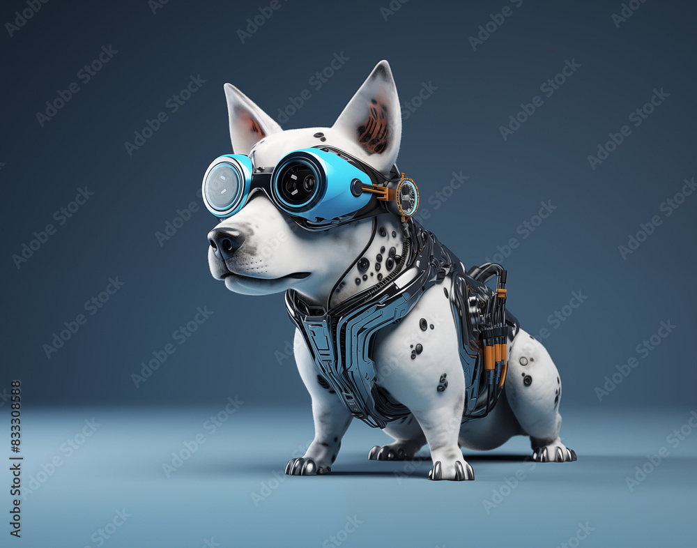 Futuristic dog with bionic body parts on blue. Generative AI Futuristic dog with bionic body parts on blue. Generative AI