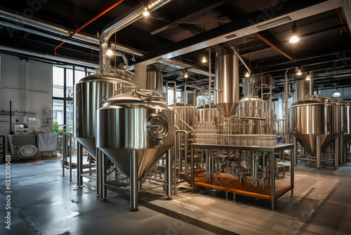 Stainless steel vats and tanks in brewery. Generative AI