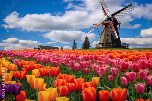 Serene Tulips field windmill scene. Floral rural landscape with blossom farm. Generate Ai