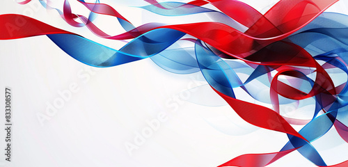 Patriotic theme abstract red, blue ribbons on white.