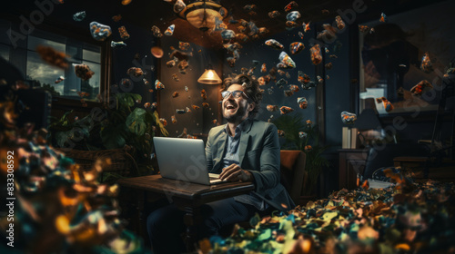 A man on a laptop is surrounded by whimsical golden fish floating in a dark, moody office photo
