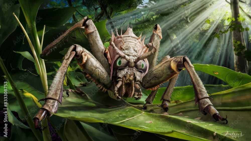Fototapeta premium A huge fictional bug with big eyes on a leaf in the sunlight, AI