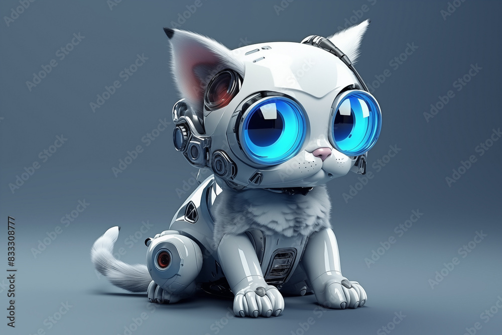 Cute cyber kitten robotic animal pet isolated on grey. Generative AI