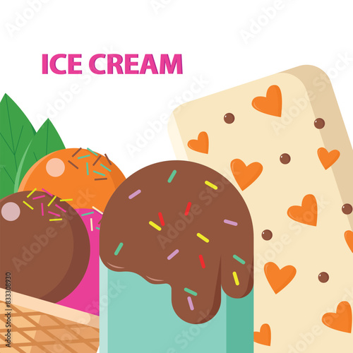 Bright background with sweet ice cream. Flat style.