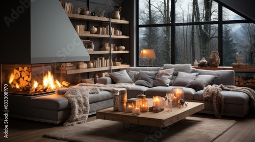 A stylish living room well-lit by firelight  featuring a large window view of a forest promising warmth and comfort