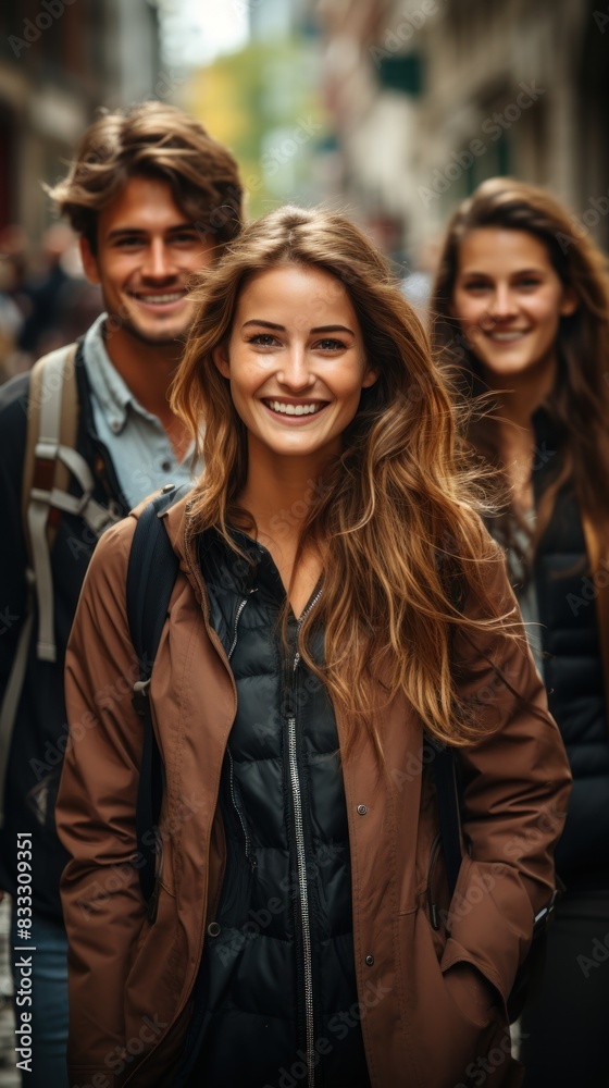 A smiling young woman in the foreground with a group of happy friends in the background in a city
