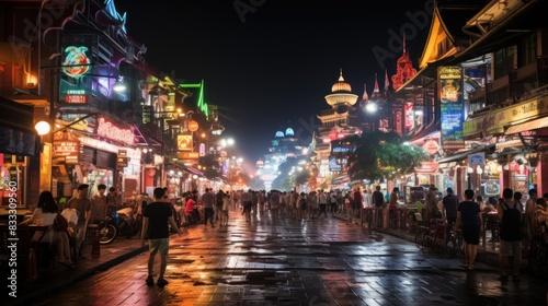 A lively Asian night market street brimming with people  lights  and colorful signs