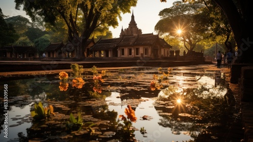 The sunset illuminates Sukhothai Historical Park, with florals and temple reflections in a pond photo