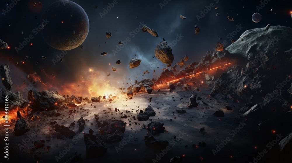 Naklejka premium Dramatic outer space scene with asteroids, planets, and glowing debris