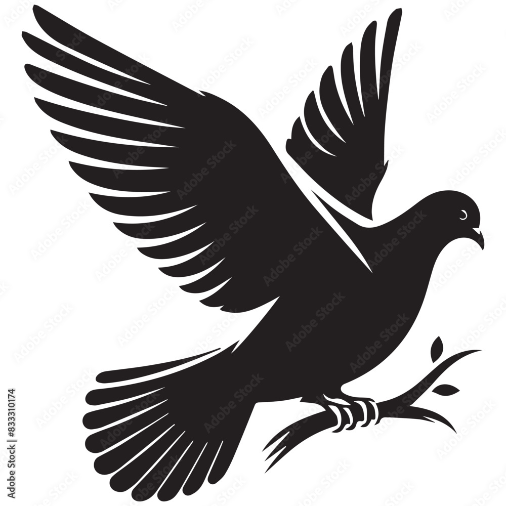 Fototapeta premium Dove silhouette - flying bird isolated on a white background. Pigeon with wings black sign. Flat design simple style vector illustration.