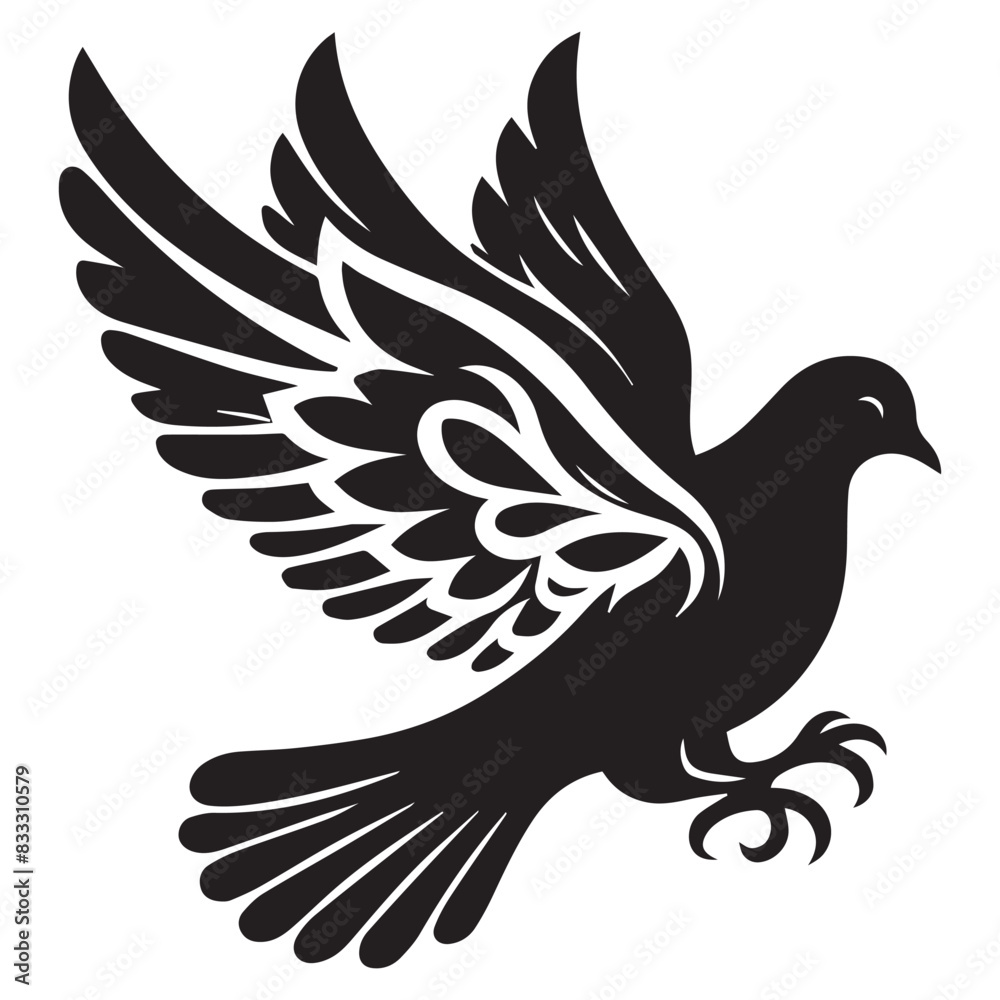 Fototapeta premium Dove silhouette - flying bird isolated on a white background. Pigeon with wings black sign. Flat design simple style vector illustration.
