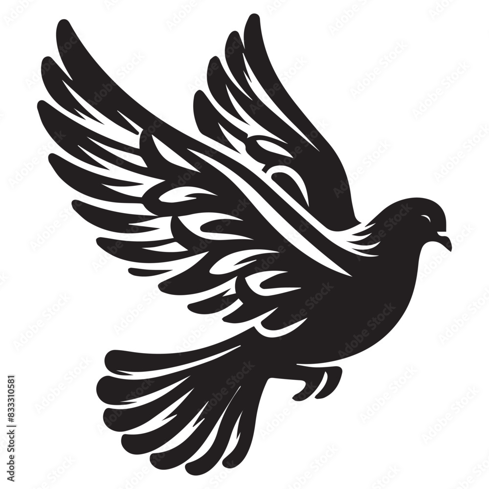 Fototapeta premium Dove silhouette - flying bird isolated on a white background. Pigeon with wings black sign. Flat design simple style vector illustration.