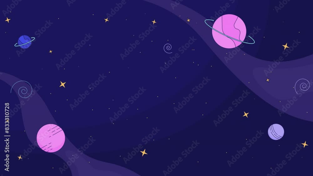Planets in dark sky cartoon animation. Exploration of outer space 4K video motion graphic. Mysterious cosmos depth 2D animated background full frame, after hours aesthetic lofi live wallpaper