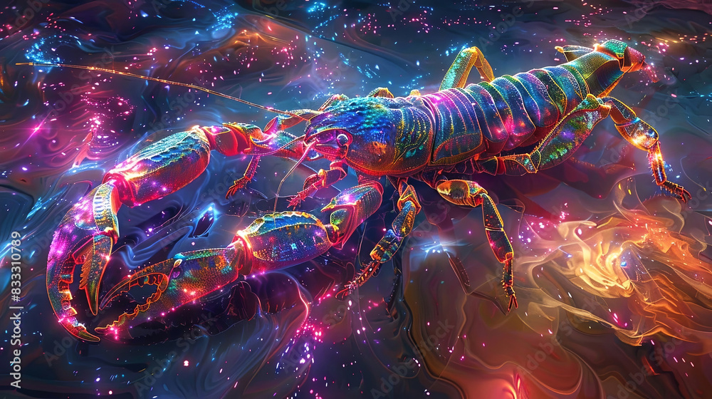 Stunningly vibrant and surreal digital artwork depicting the Cancer zodiac sign