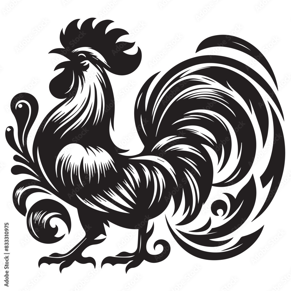 Fototapeta premium Vector illustration. Black silhouette of a rooster design. Isolated male chicken on a white background