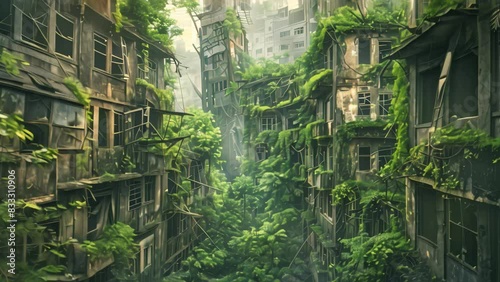 A very tall building covered in numerous trees growing out of it in a postapocalyptic wasteland, A post-apocalyptic wasteland with crumbling buildings and mutated creatures photo