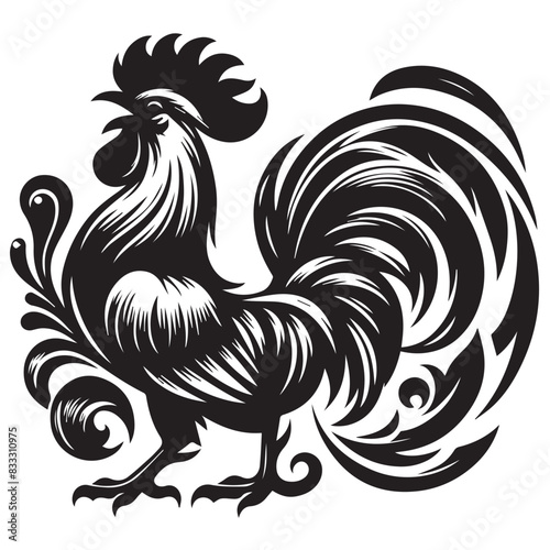 Vector illustration. Black silhouette of a rooster design. Isolated male chicken on a white background