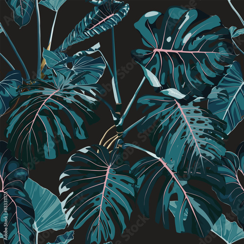 Tropical vintage  palm, plant, monstera floral seamless border, vintage background. Exotic  jungle wallpaper.