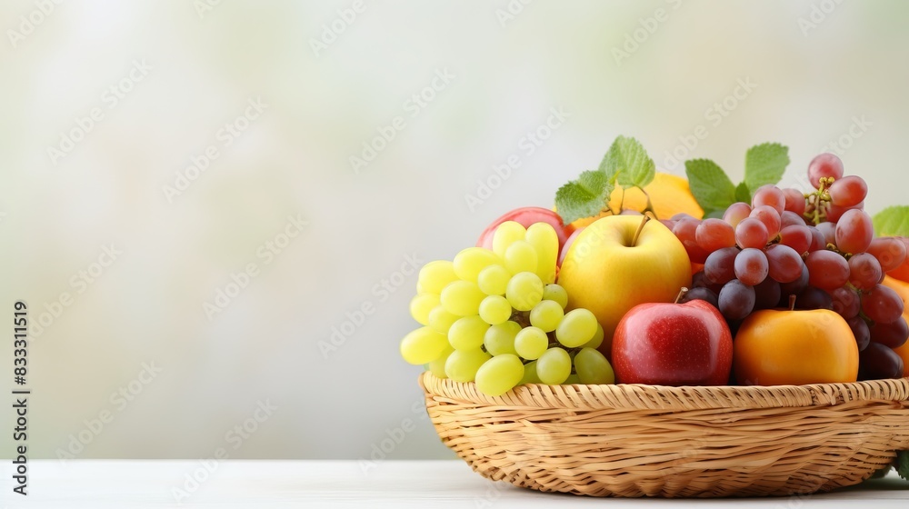 A colorful fruit basket with apples, grapes, and peaches on a blurred green background, perfect for healthy lifestyle and food concepts. A colorful fruit basket with apples, grapes, and peaches on a blurred green background, perfect for healthy lifestyle and food concepts.