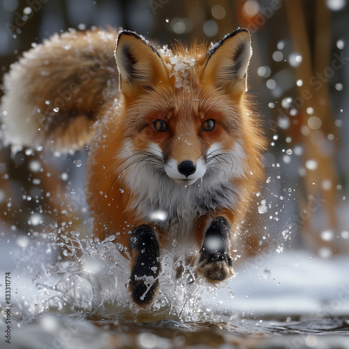 there is a red fox running through the snow in the woods