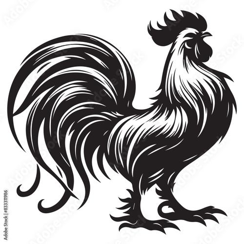 Vector illustration. Black silhouette of a rooster design. Isolated male chicken on a white background
