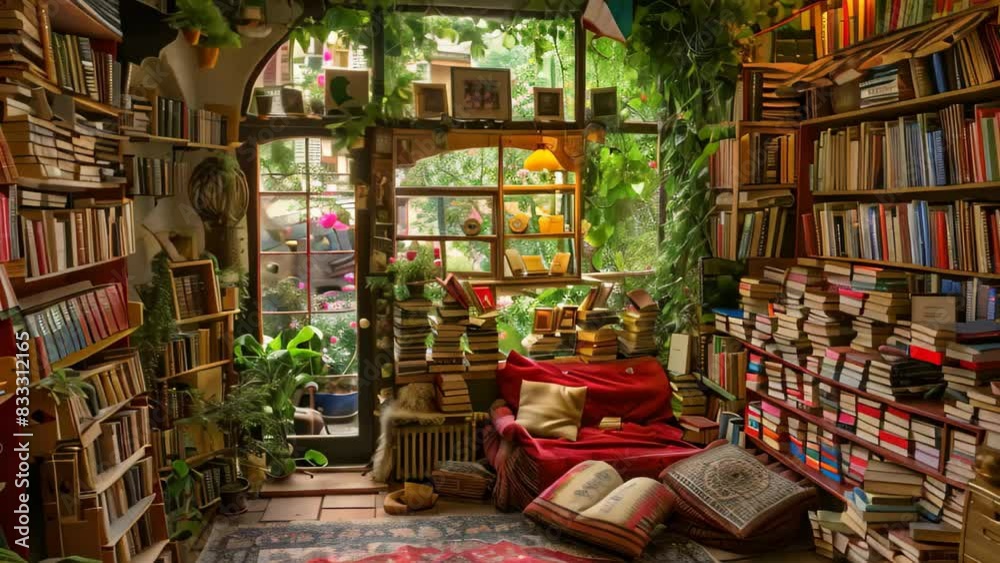 A room packed with numerous books and various plants placed on shelves and tables, A quaint bookstore with shelves filled with books and cozy reading nooks A room packed with numerous books and various plants placed on shelves and tables, A quaint bookstore with shelves filled with books and cozy reading nooks