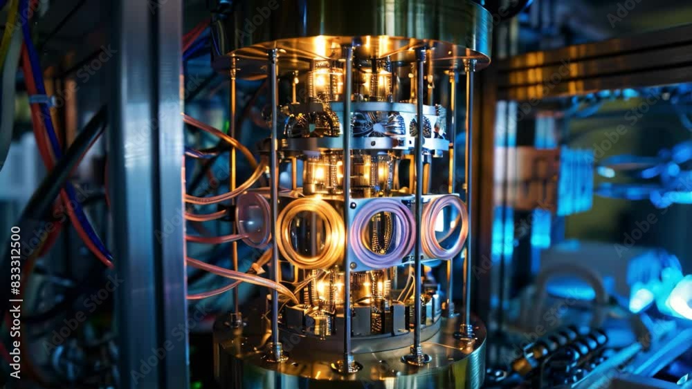 Close-up view of a quantum computer with a complex network of wires, A quantum computer that represents the next frontier of computational power Close-up view of a quantum computer with a complex network of wires, A quantum computer that represents the next frontier of computational power