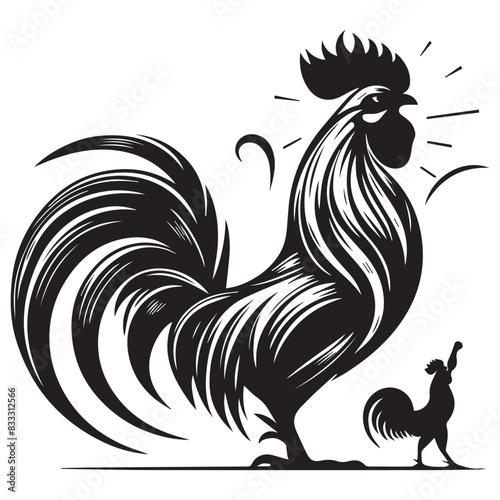 Vector illustration. Black silhouette of a rooster design. Isolated male chicken on a white background