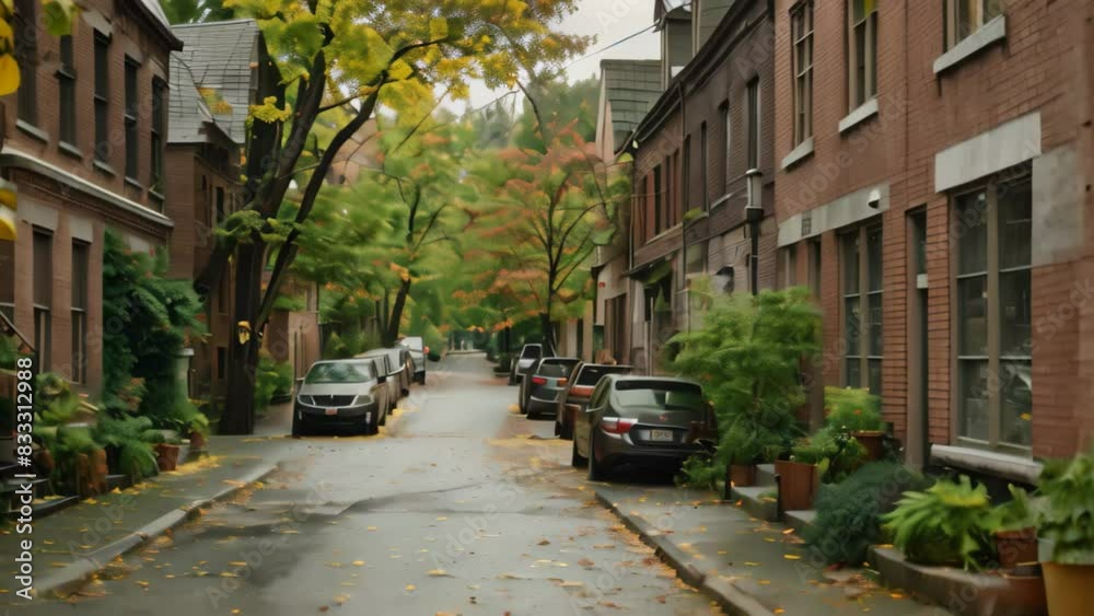 Urban street with cars parked along the sidewalk, lined with trees and ...