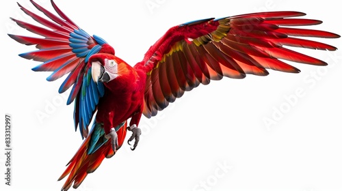 A vibrant red macaw, its bright plumage contrasting against a transparent backdrop, captured in stunning high definition © Malik