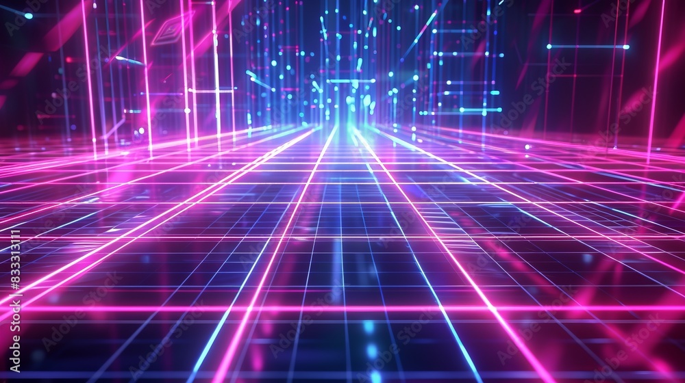 Abstract digital grid with neon light effects, featuring vibrant blue and pink colors, representing futuristic technology and data networking. Abstract digital grid with neon light effects, featuring vibrant blue and pink colors, representing futuristic technology and data networking.