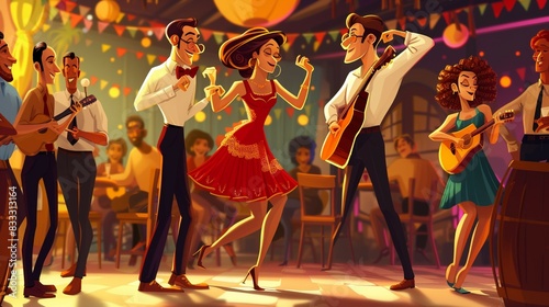 Latin party dancing salsa bachata cartoon style AI.Generative AI.