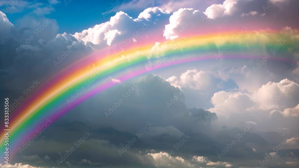 A vibrant rainbow arches across the sky, contrasting with dark clouds in the background, A rainbow spanning across a cloudy sky after a spring shower A vibrant rainbow arches across the sky, contrasting with dark clouds in the background, A rainbow spanning across a cloudy sky after a spring shower