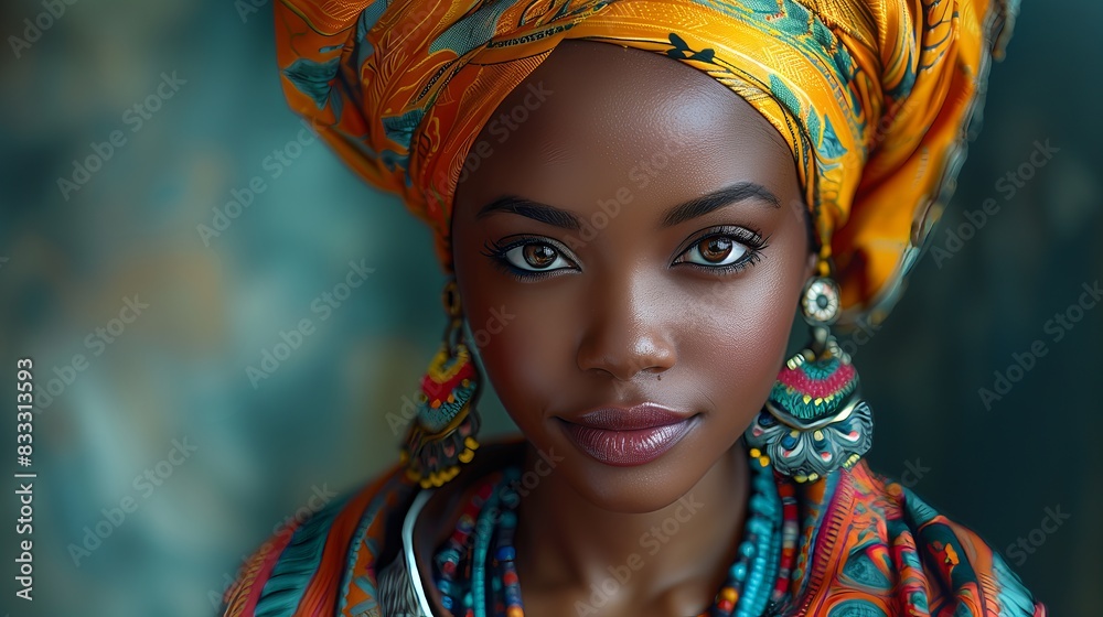 Fototapeta premium Portrait of young beautiful African woman wearing ethnic clothes and jewlery.