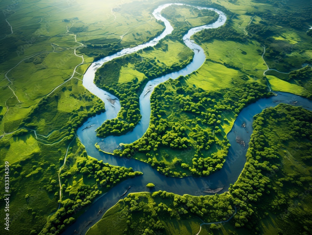 Aerial view of a winding river flowing through lush green landscape during daytime, showcasing natural beauty and serene environment. Aerial view of a winding river flowing through lush green landscape during daytime, showcasing natural beauty and serene environment.