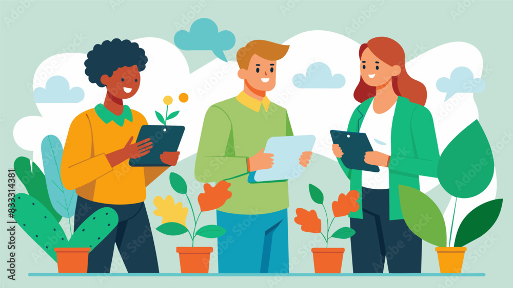 A lively conversation ensues as members of the gardening club compare notes on their most successful plantings of the season.. Vector illustration A lively conversation ensues as members of the gardening club compare notes on their most successful plantings of the season.. Vector illustration