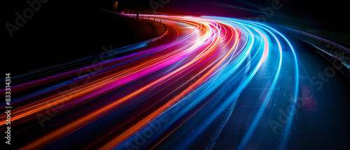 Rastros de luz a alta velocidad sobre un fondo oscuro, efecto de larga exposición con luces coloridas y líneas de movimiento rápido en la carretera nocturna para un diseño conceptual de tecnología photo