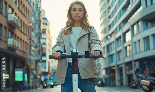 Young caucasian female standing on her electric scooter in the city. 