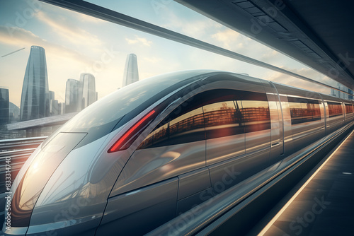 Futuristic high speed train ride over blurred cityscape background. Generative AI © Nomad_Soul