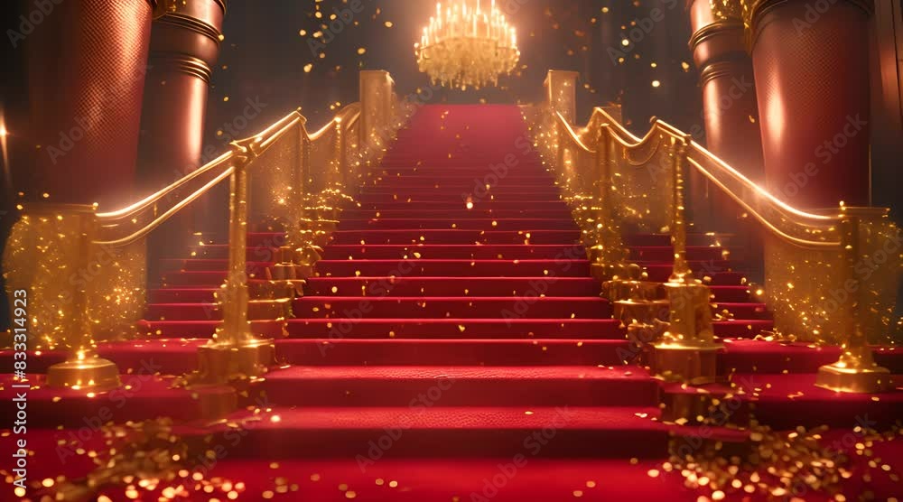 Luxurious red-carpet staircase with spotlights and gold confetti