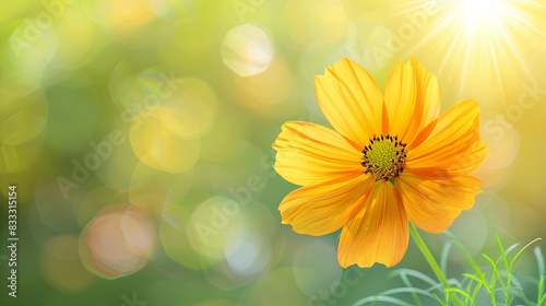 Closeup of yellow Cosmos flower on blurred green background under sunlight with copy space using as background natural flora landscape, ecology cover page concept