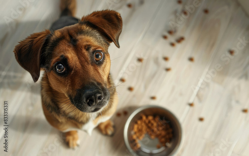 A small mixed-breed pup looks up with hopeful eyes, sitting near its half-empty food bowl photo