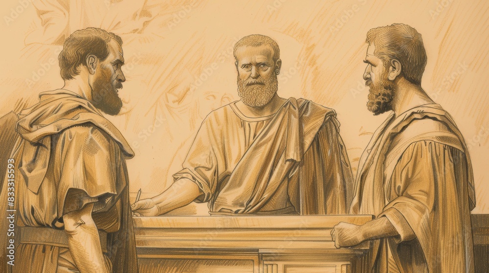 Fototapeta premium Biblical Illustration of Acts 2: Coming of Holy Spirit at Pentecost, Peter's Sermon, Conversion of Three Thousand on Beige Background with Copyspace