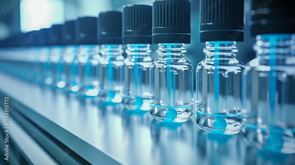 Close-up of a row of glass vials with black caps on a reflective surface, highlighting laboratory equipment in a science or medical research setting. Close-up of a row of glass vials with black caps on a reflective surface, highlighting laboratory equipment in a science or medical research setting.
