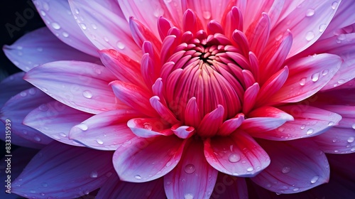 Close-up of a vibrant pink flower with water droplets on its petals, showcasing intricate details and vivid colors against a dark background.